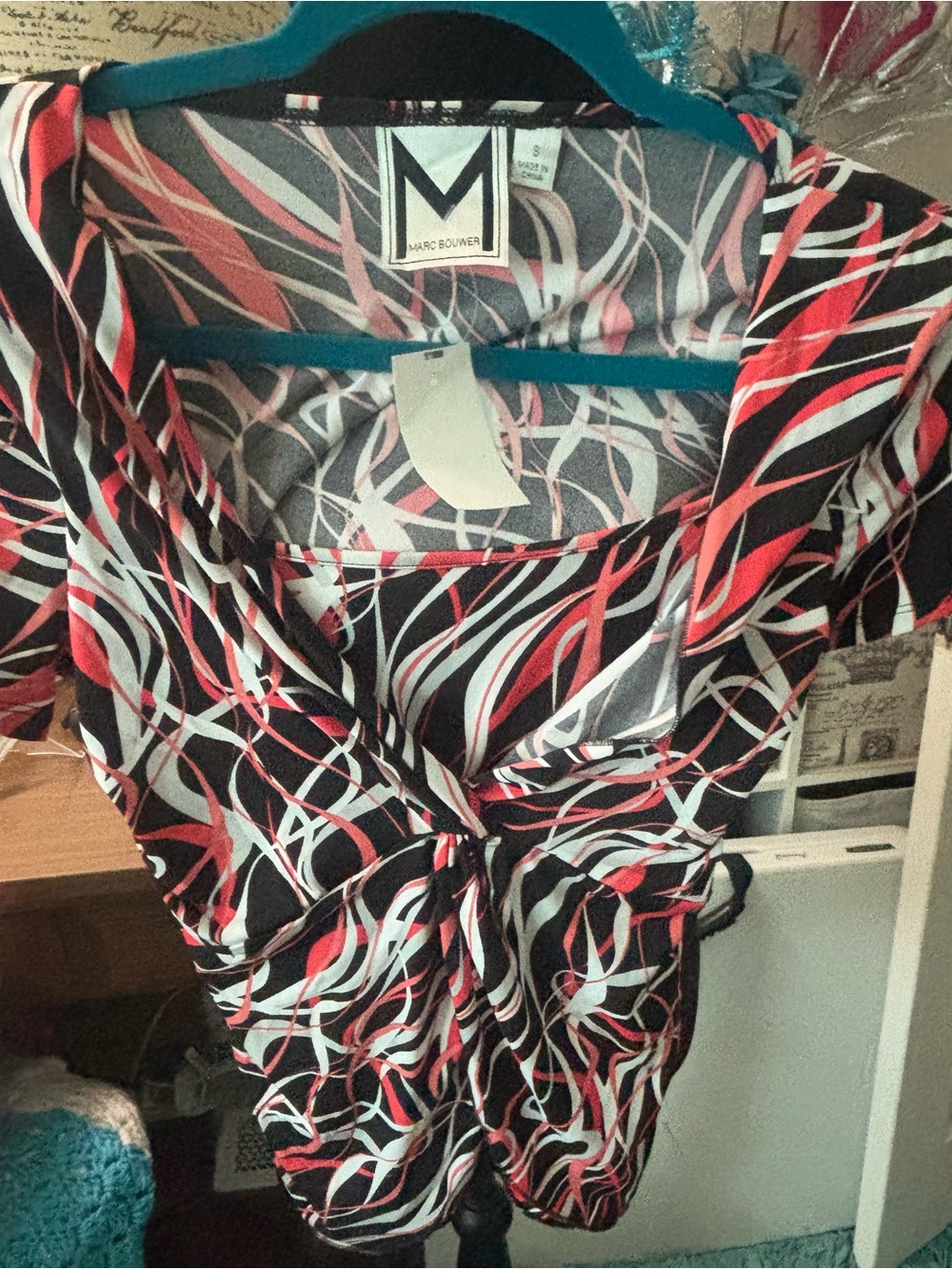 Marc Bouwer Black, Coral & White Knot-Front Patterned Top